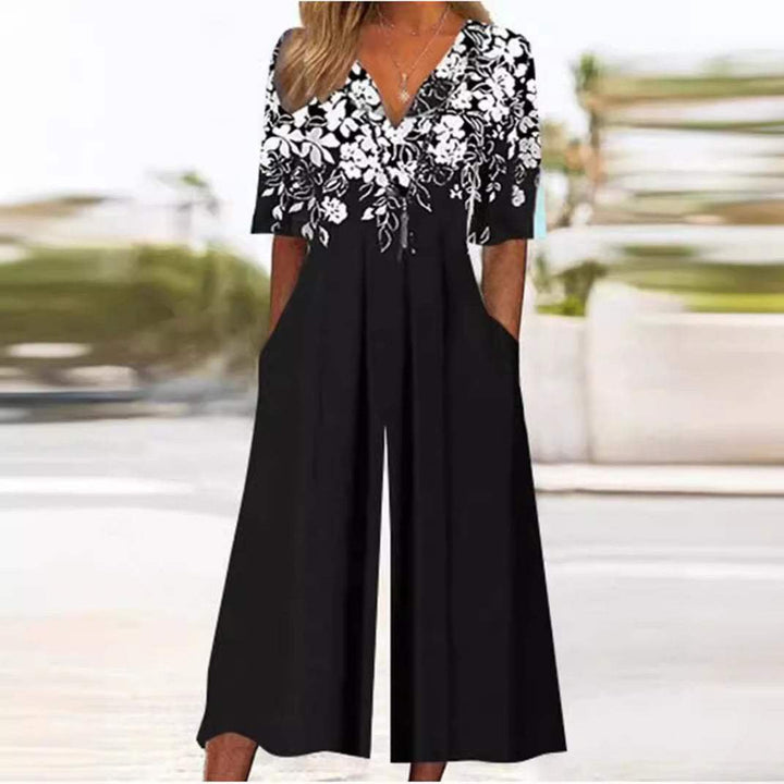 Damen Jumpsuit mit Boho Blumenmuster in Schwarz