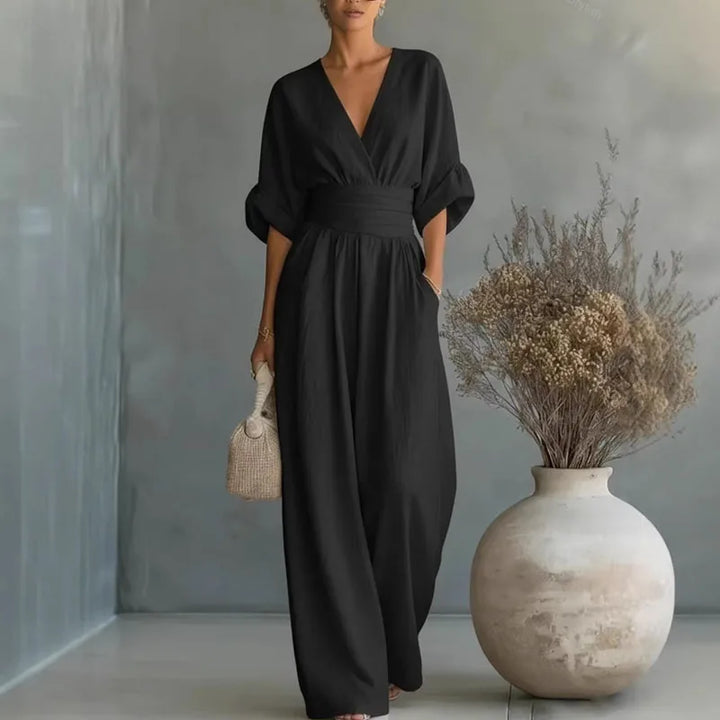 Damen Jumpsuit mit V-Ausschnitt und weitem Bein in Schwarz