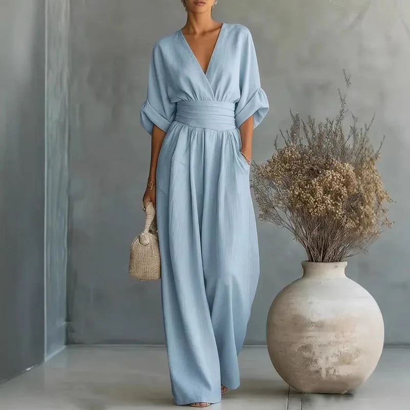 Damen Jumpsuit mit V-Ausschnitt und weitem Bein in Sky Blue