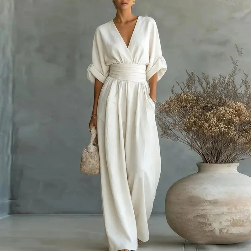 Damen Jumpsuit mit V-Ausschnitt und weitem Bein in Weiß