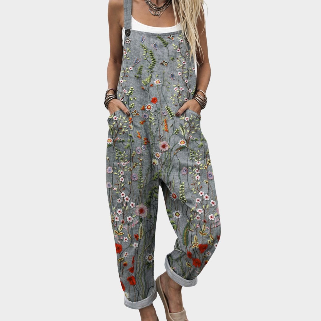 Damen Jumpsuit Wildblumen Leinen in Grau / Blumen