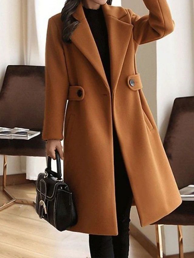 Damen Klassischer Herbstmantel Lang Elegant in Braun 1