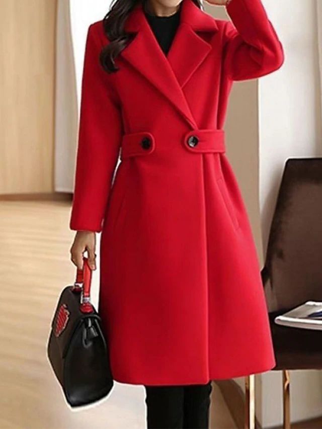 Damen Klassischer Herbstmantel Lang Elegant in Rot