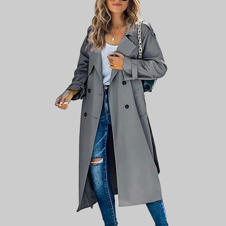 Damen Klassischer Langer Taillierter Trenchcoat in Grau