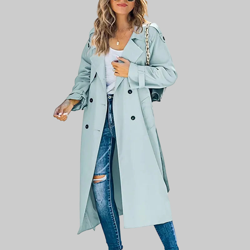 Damen Klassischer Langer Taillierter Trenchcoat in Hellblau