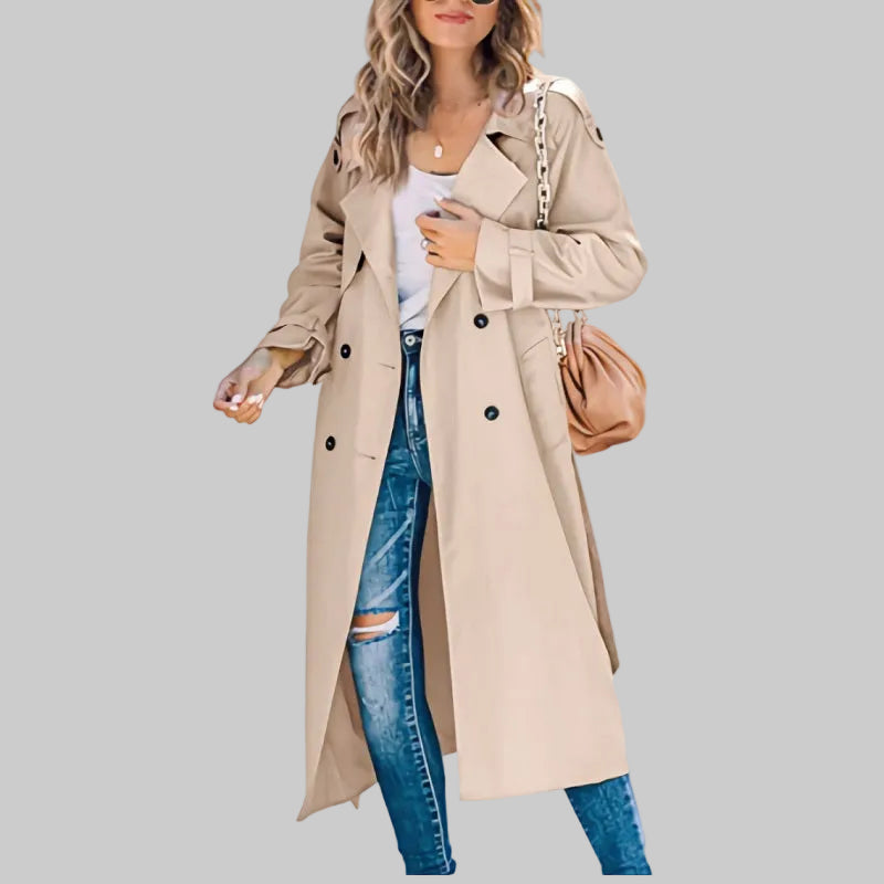 Damen Klassischer Langer Taillierter Trenchcoat in Khaki