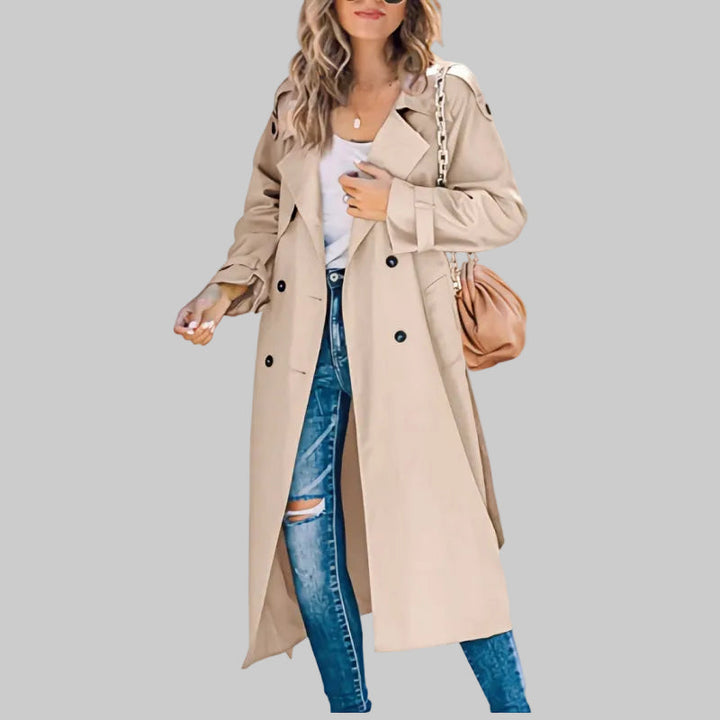 Damen Klassischer Langer Taillierter Trenchcoat in Khaki