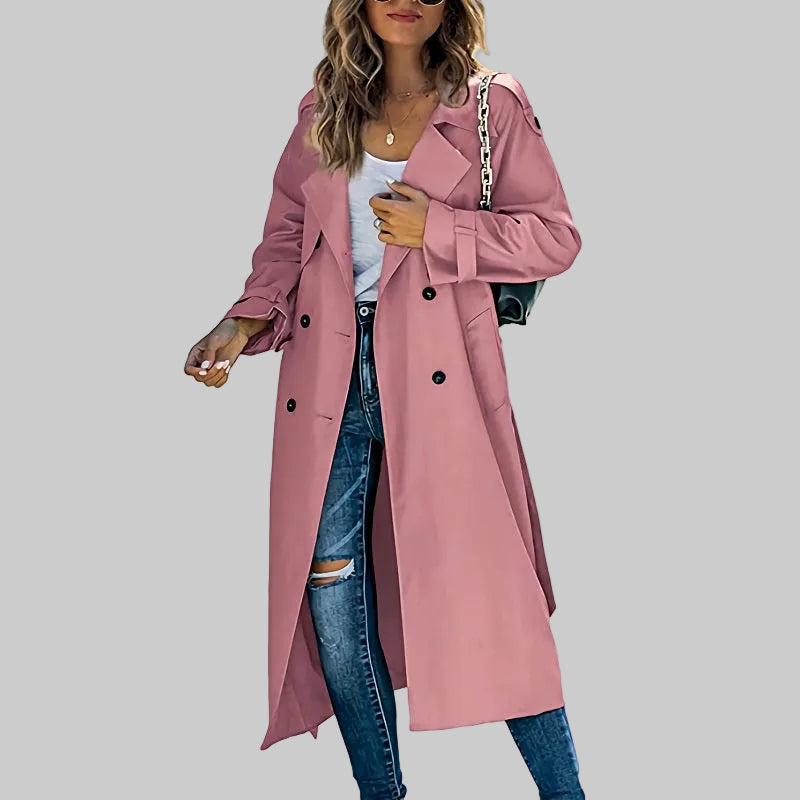 Damen Klassischer Langer Taillierter Trenchcoat in Rosa
