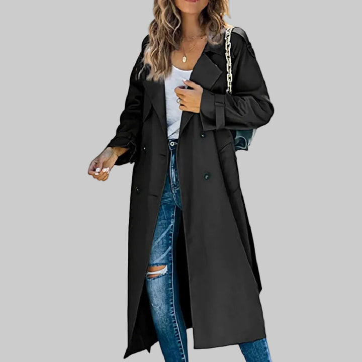 Damen Klassischer Langer Taillierter Trenchcoat in Schwarz