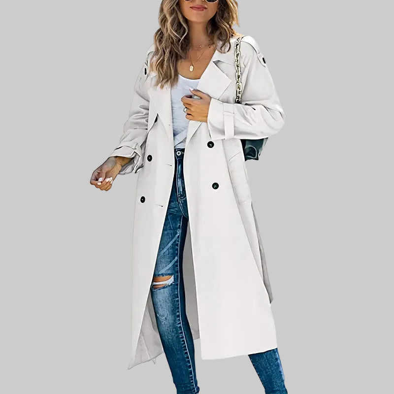 Damen Klassischer Langer Taillierter Trenchcoat in Weiß