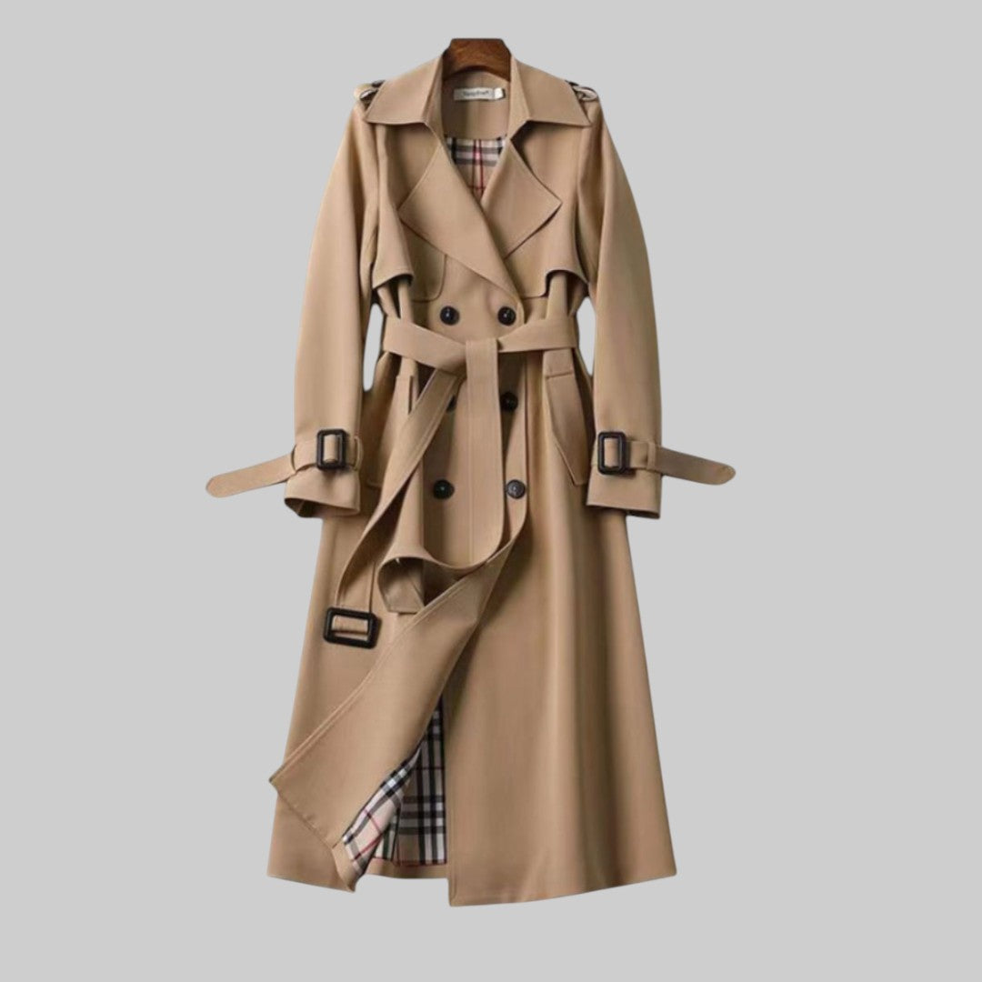 Damen Klassischer Langer Trenchcoat mit Gürtel in Beige