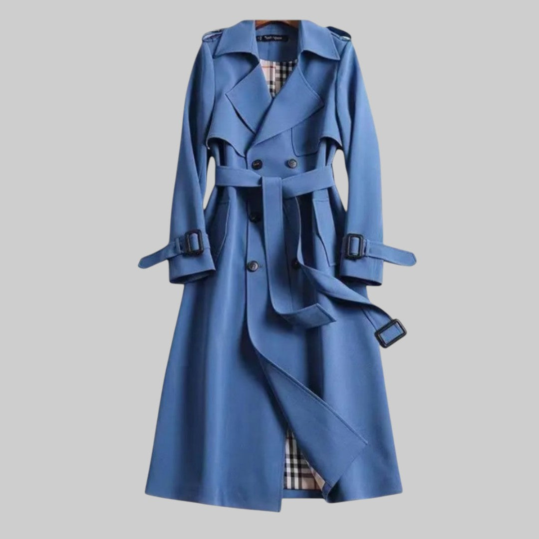 Damen Klassischer Langer Trenchcoat mit Gürtel in Blau