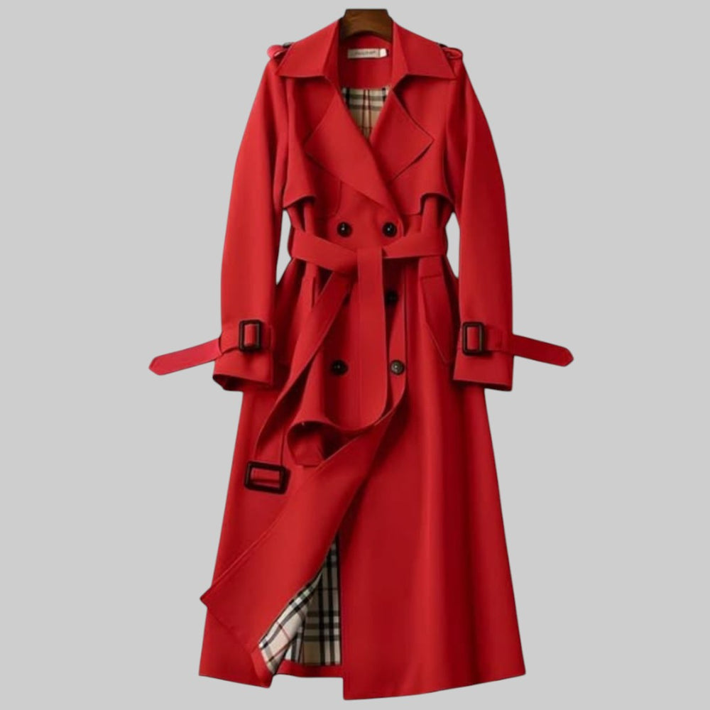 Damen Klassischer Langer Trenchcoat mit Gürtel in Rot