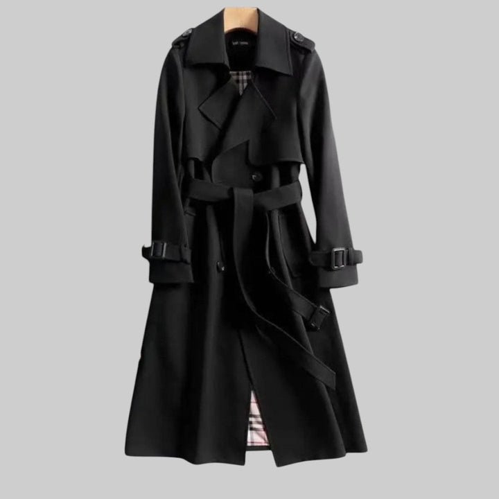 Damen Klassischer Langer Trenchcoat mit Gürtel in Schwarz