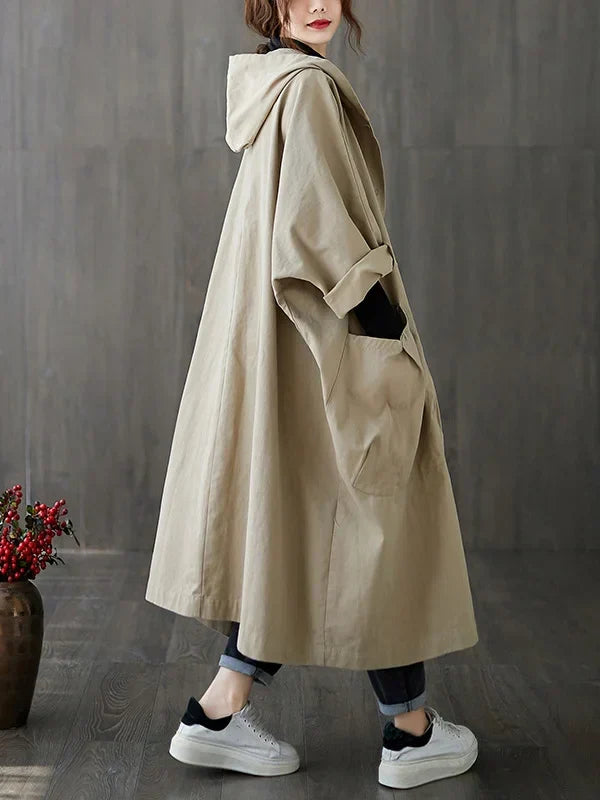 Damen Klassischer Langer Wasserdichter Trenchcoat in Beige