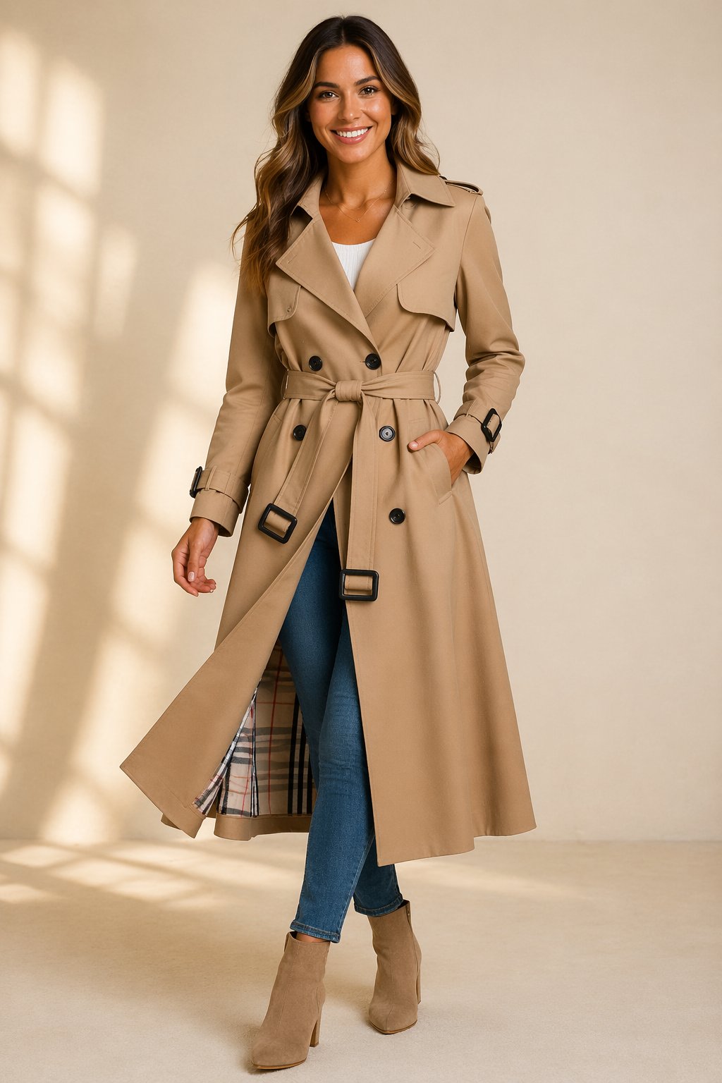 Damen Klassischer Trenchcoat mit verstellbarem Gürtel in Beige