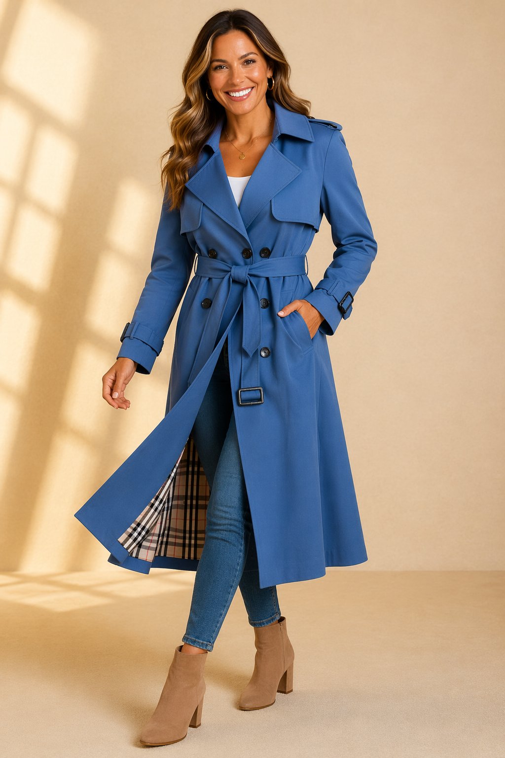 Damen Klassischer Trenchcoat mit verstellbarem Gürtel in Blau