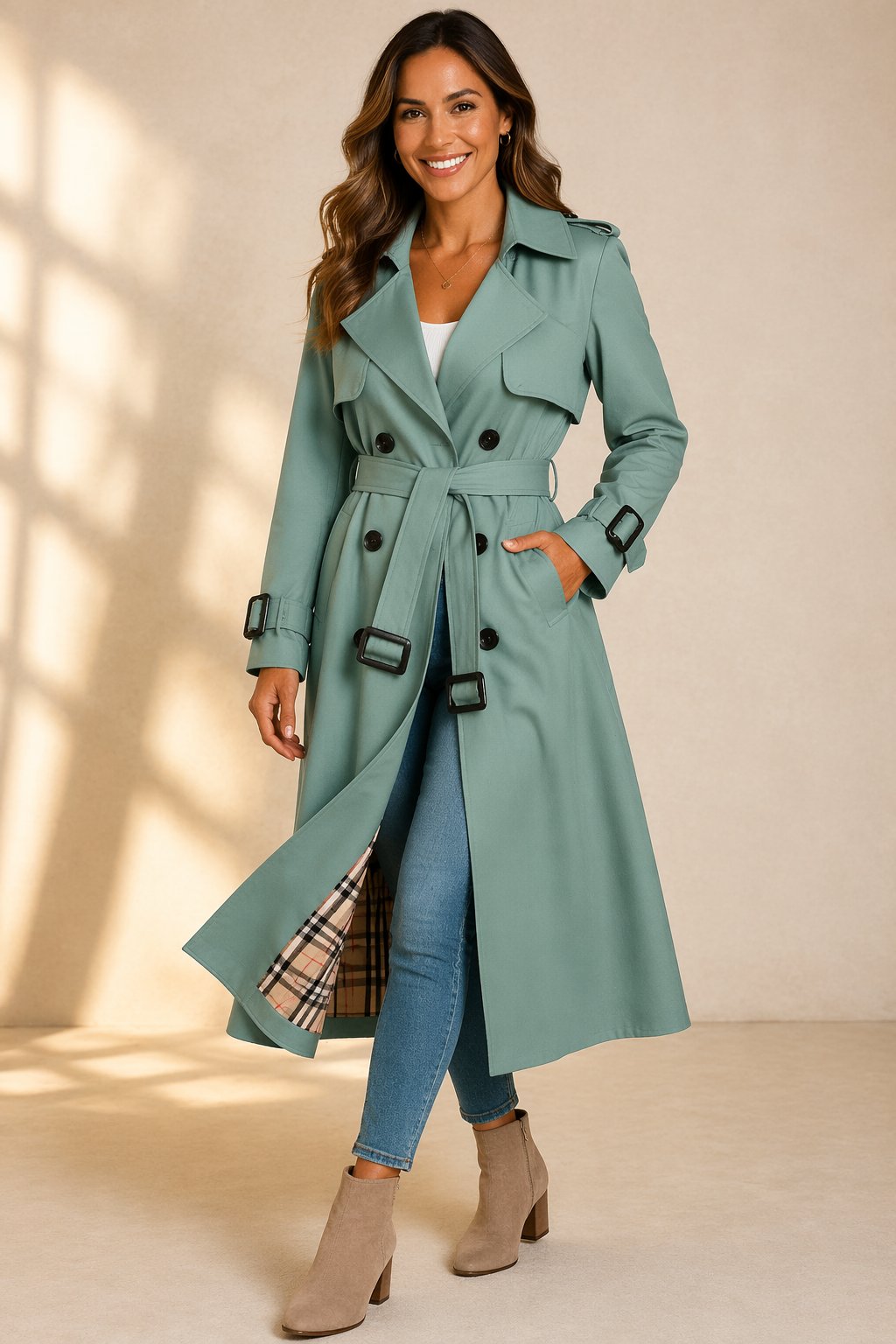 Damen Klassischer Trenchcoat mit verstellbarem Gürtel in Grün