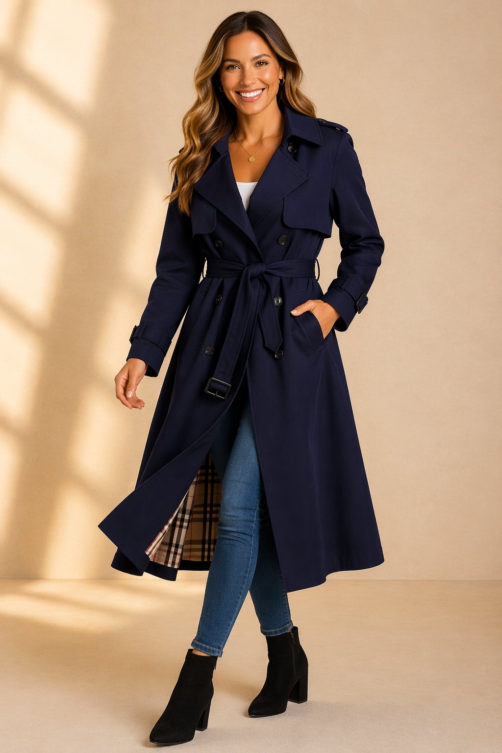 Damen Klassischer Trenchcoat mit verstellbarem Gürtel in Marineblau