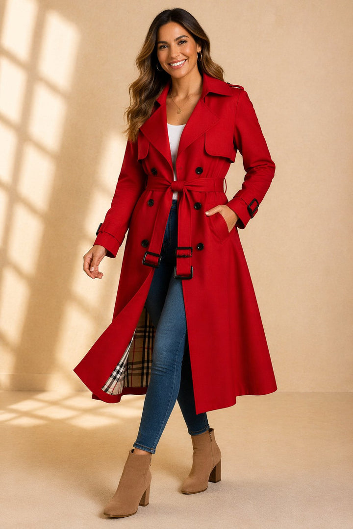 Damen Klassischer Trenchcoat mit verstellbarem Gürtel in Rot