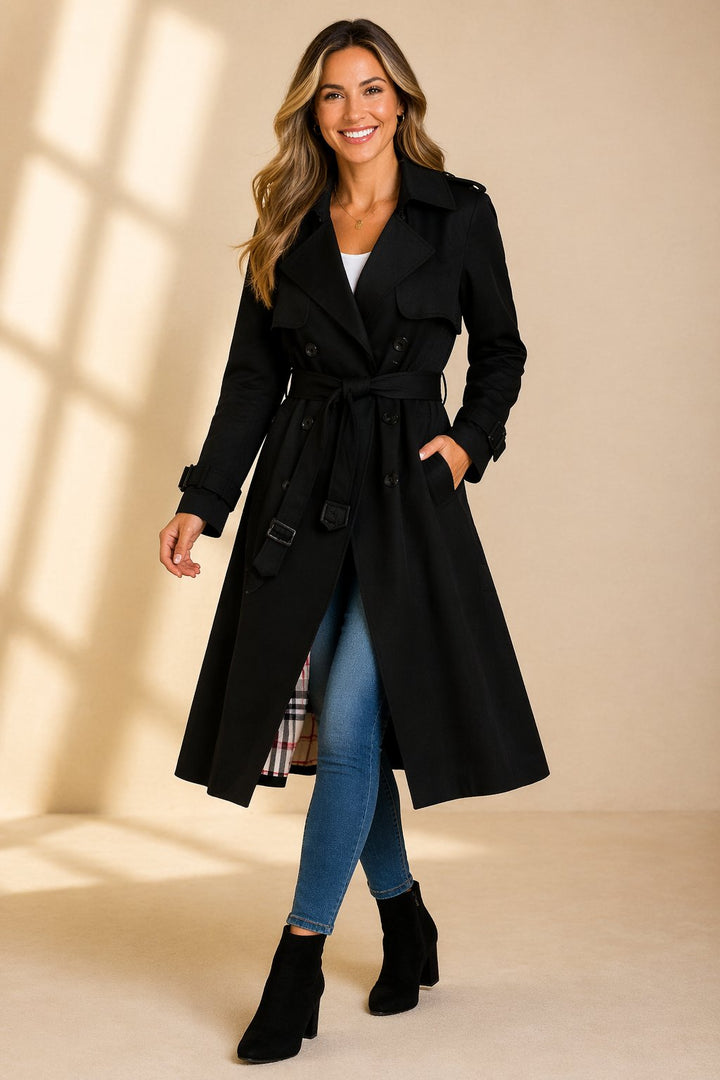 Damen Klassischer Trenchcoat mit verstellbarem Gürtel in Schwarz