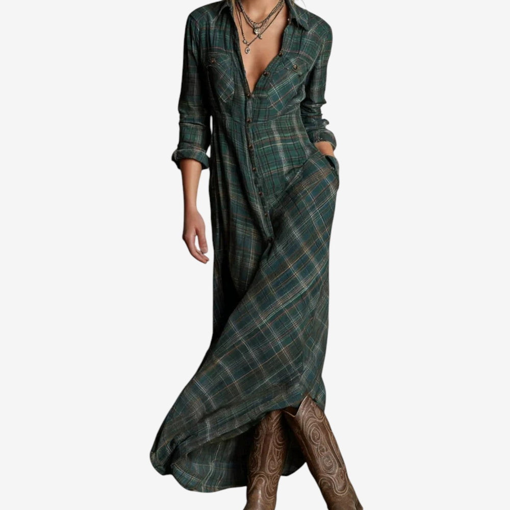 Damen Klassisches Herbstkleid Midilänge im Hemdblusen-Schnitt in Grün