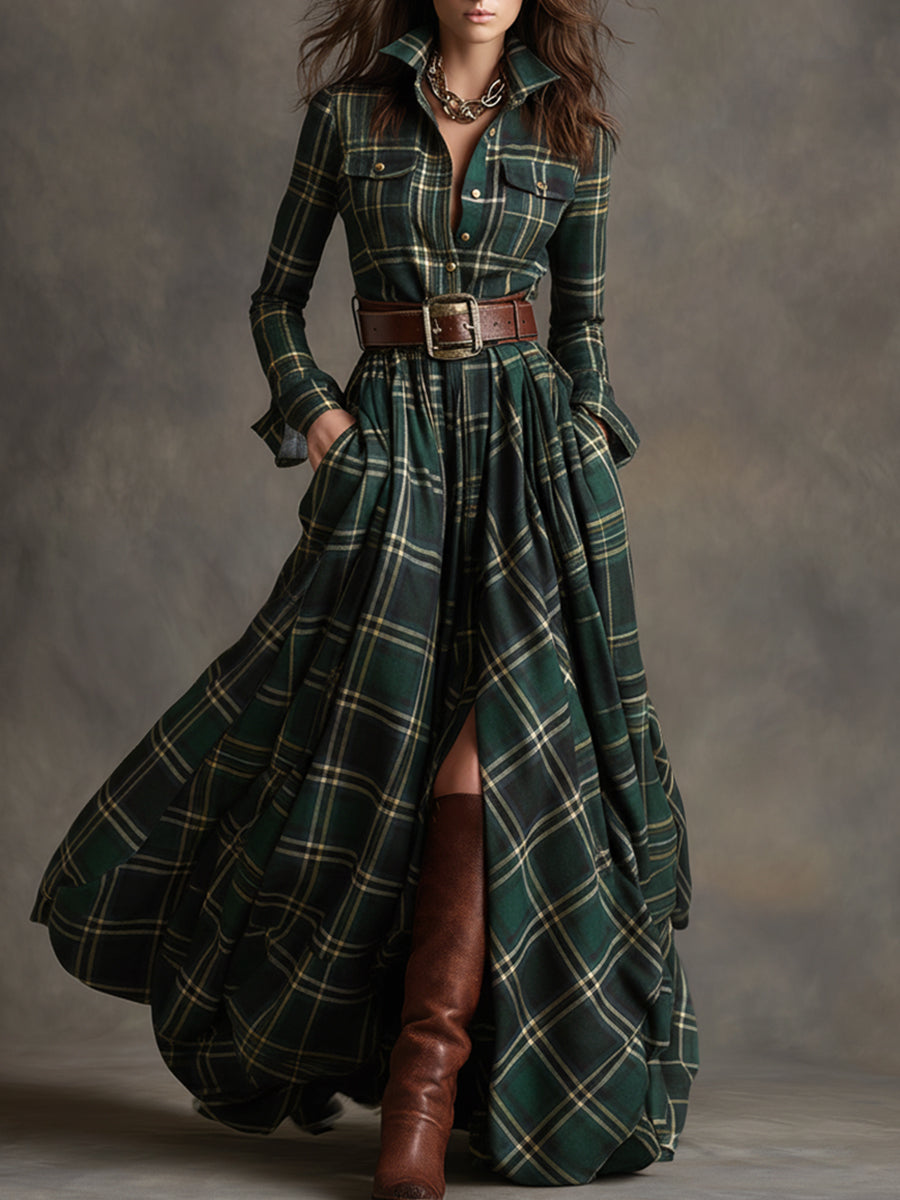 Damen Kleid Herbst elegant mit Gürtel in Grün