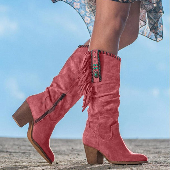Damen Kniehohe Lederstiefel im Western-Stil in Rot