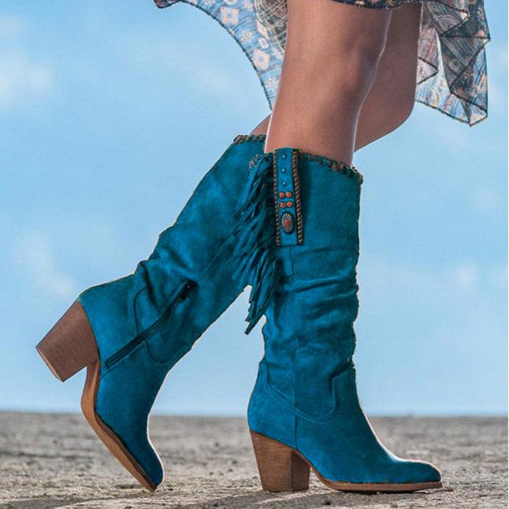 Damen Kniehohe Lederstiefel im Western-Stil in Türkis