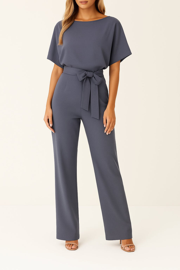 Damen Kurzarm Bindegürtel Weites-Bein Jumpsuit in Grau