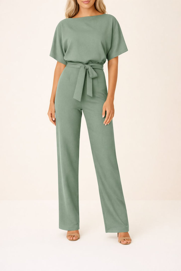 Damen Kurzarm Bindegürtel Weites-Bein Jumpsuit in Grün