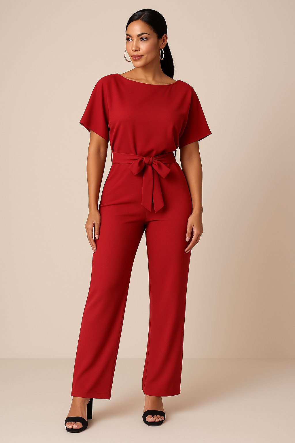 Damen Kurzarm Bindegürtel Weites-Bein Jumpsuit in Rot