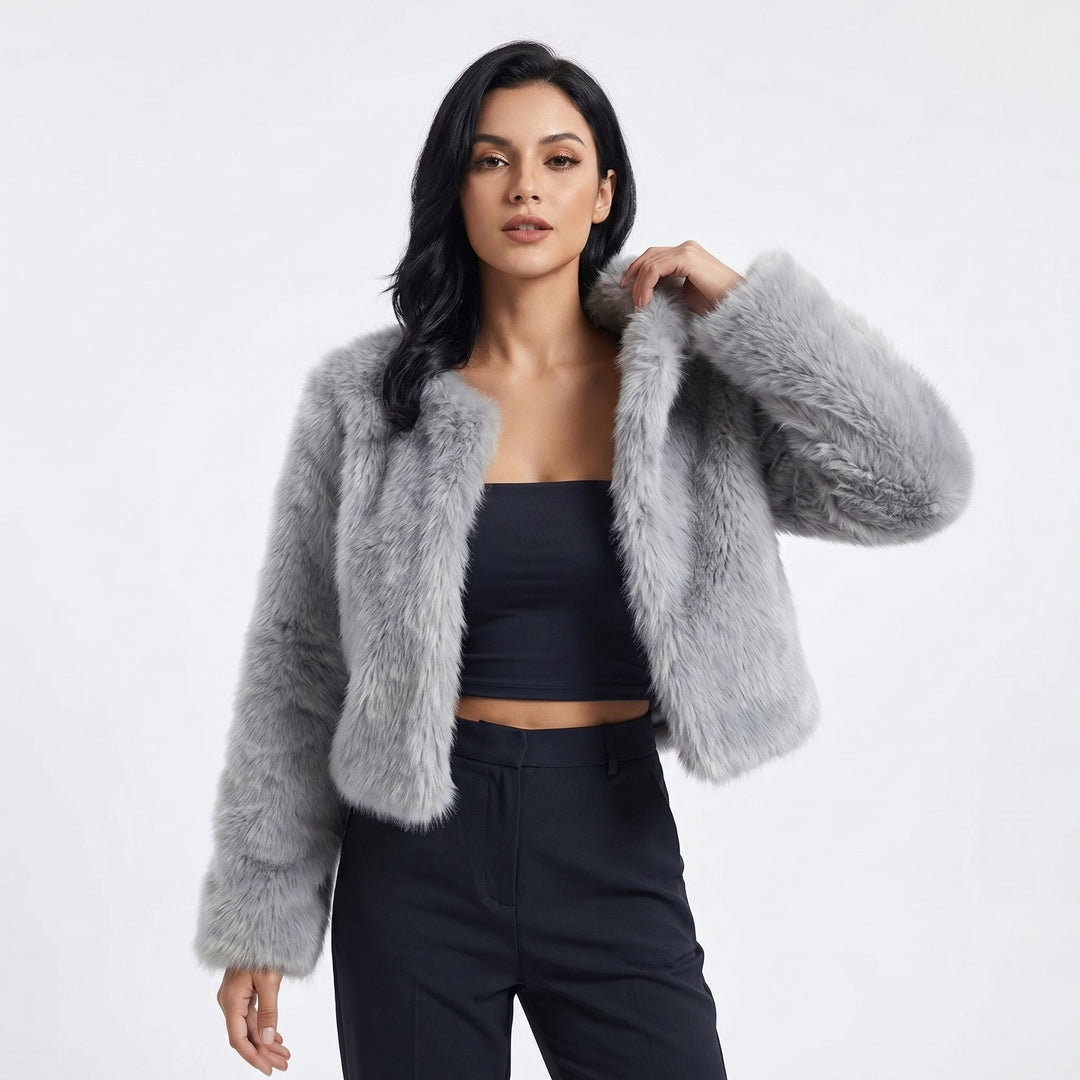 Damen Kurze Jacke aus Kunstfell für den Herbst in Grau