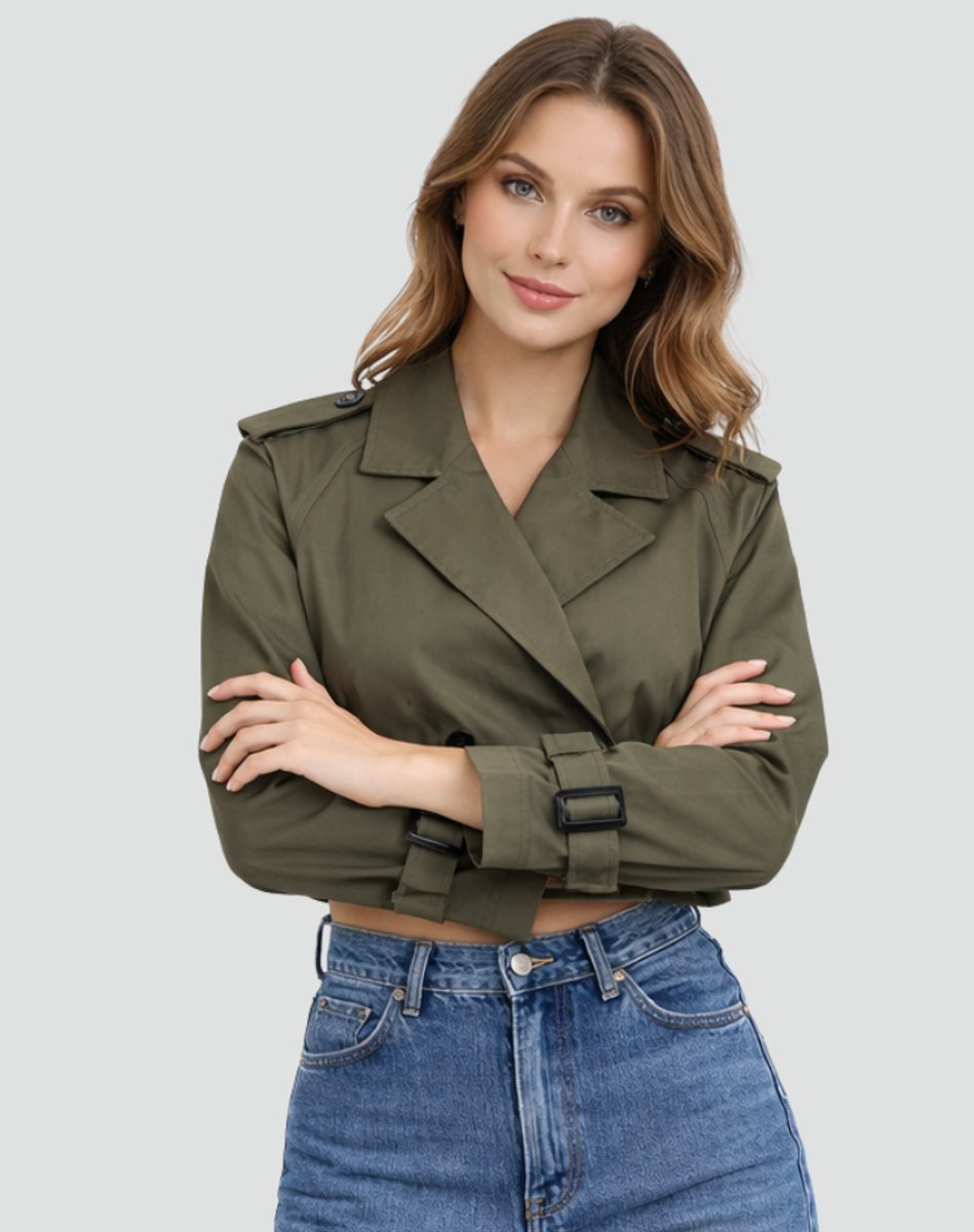 Damen Kurze Jacke im eleganten Trench-Stil in Army Green