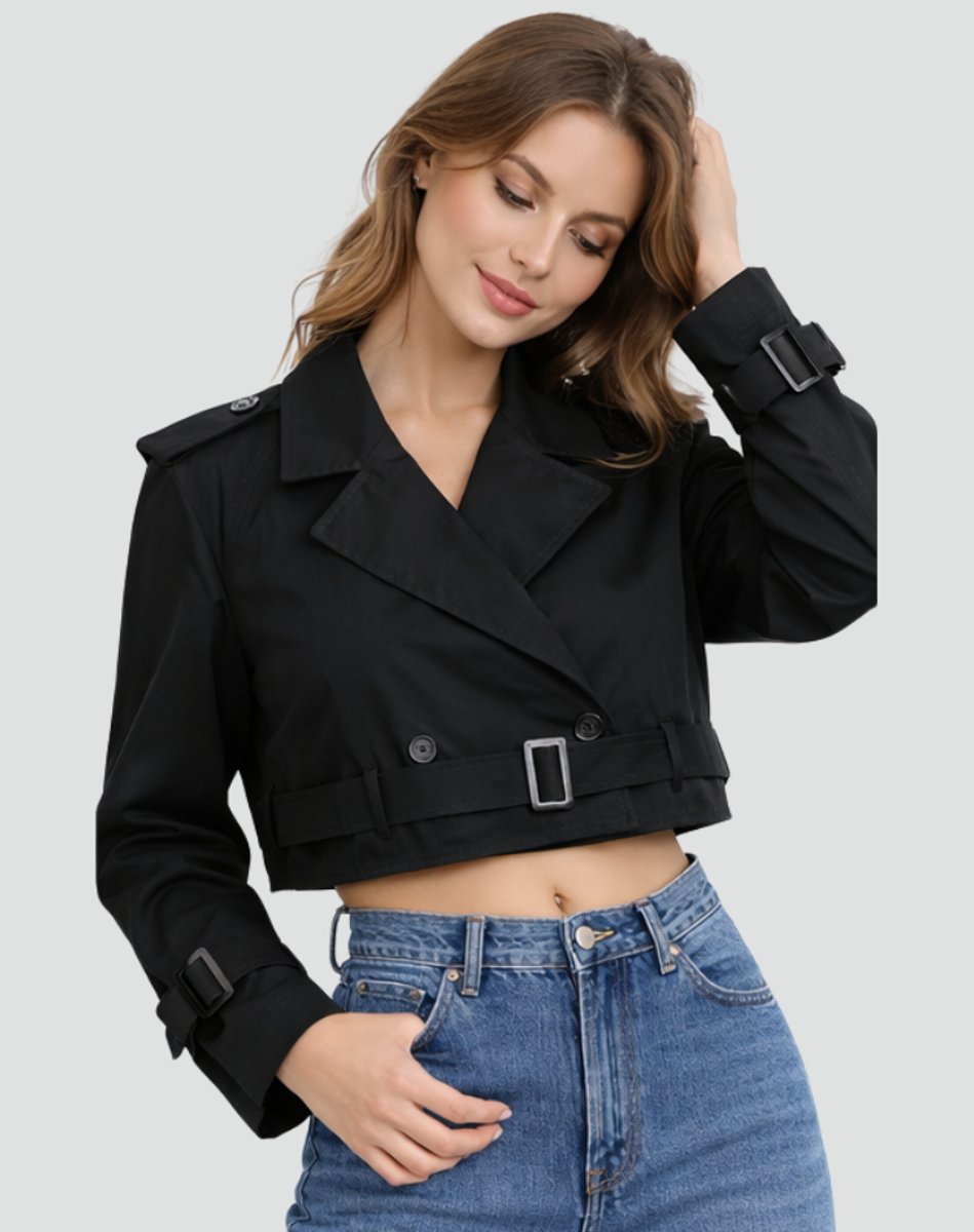 Damen Kurze Jacke im eleganten Trench-Stil in Schwarz