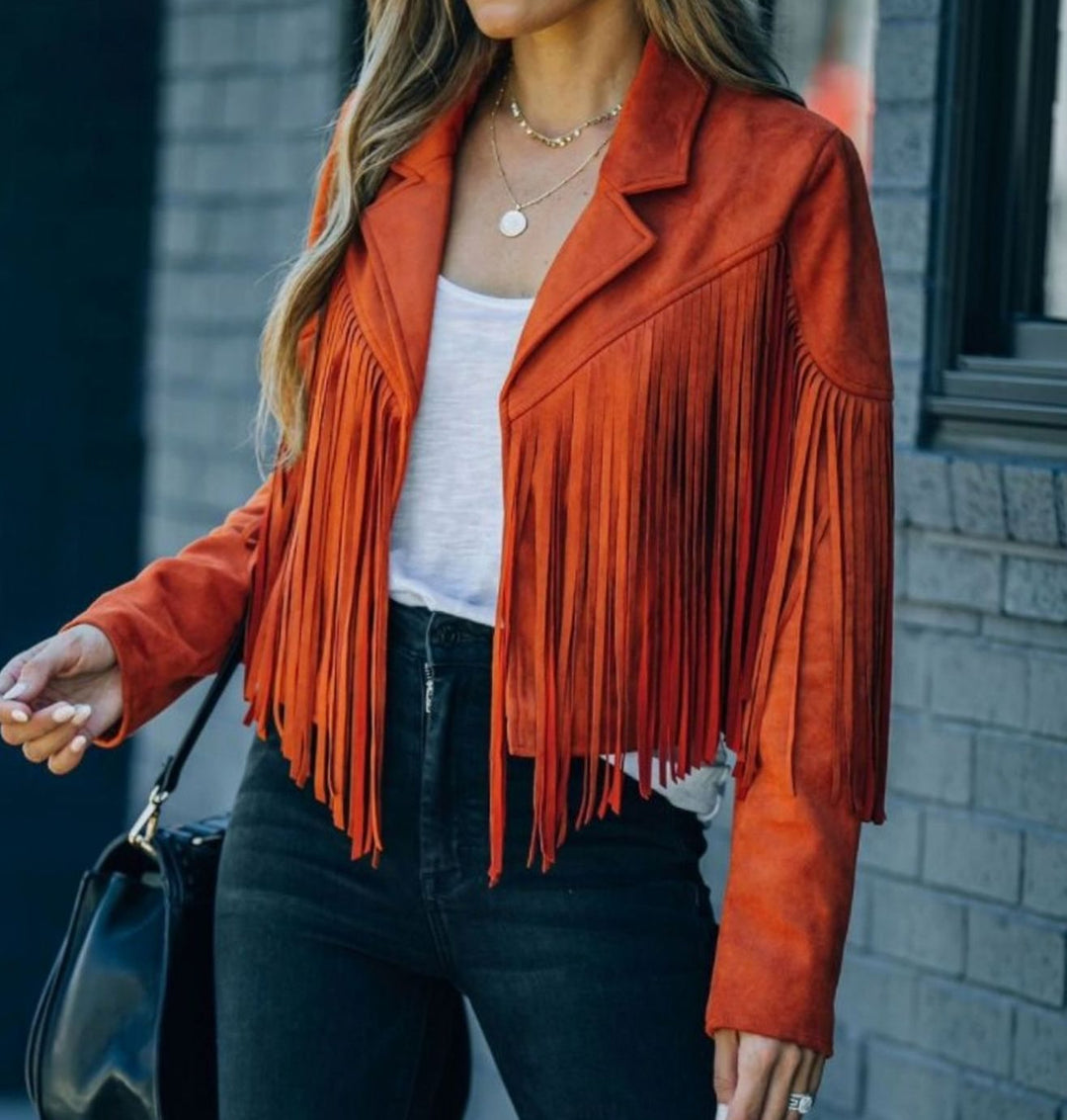 Damen Kurze Jacke im Moto-Stil mit Fransen in Orange