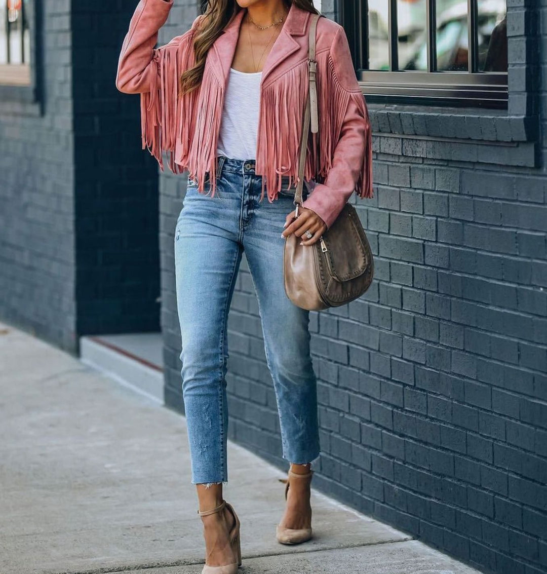 Damen Kurze Jacke im Moto-Stil mit Fransen in Rosa