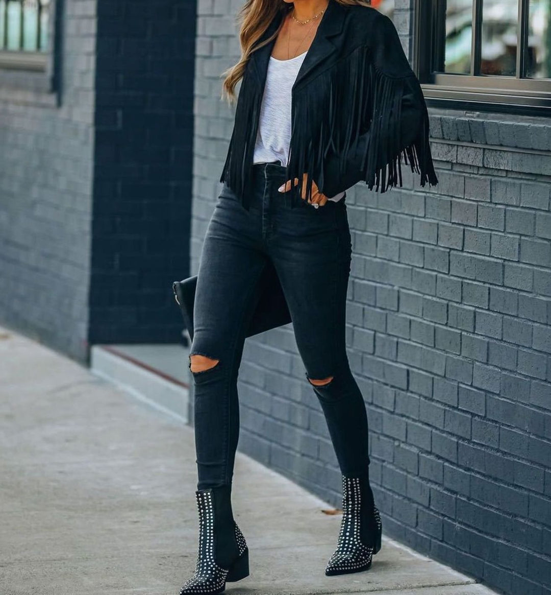 Damen Kurze Jacke im Moto-Stil mit Fransen in Schwarz