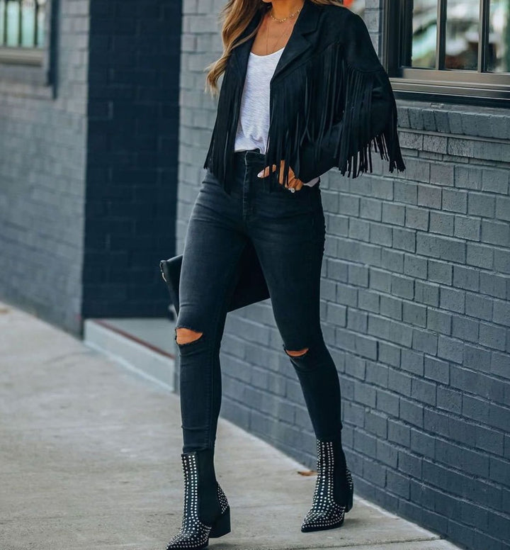 Damen Kurze Jacke im Moto-Stil mit Fransen in Schwarz