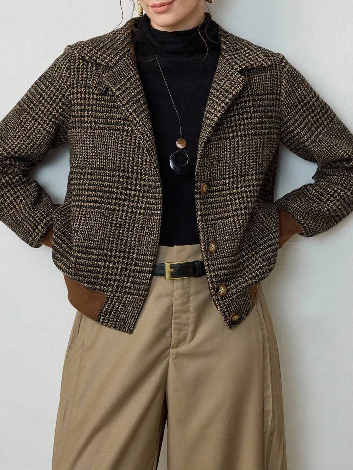 Damen Kurze Jacke im Tweed-Stil für Herbst in Dunkelbraun