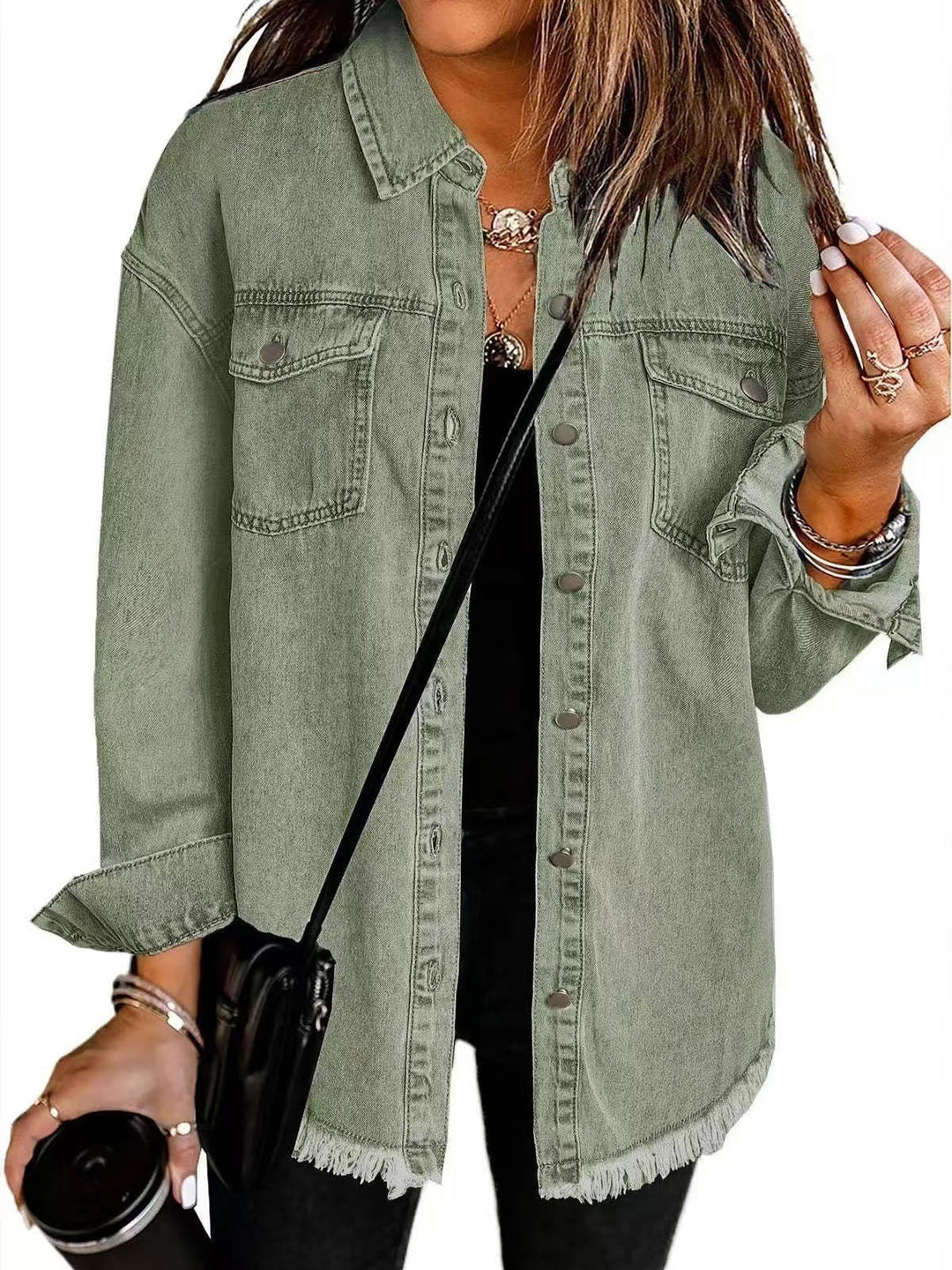 Damen Kurze Jeansjacke für Übergänge in Olivgrün