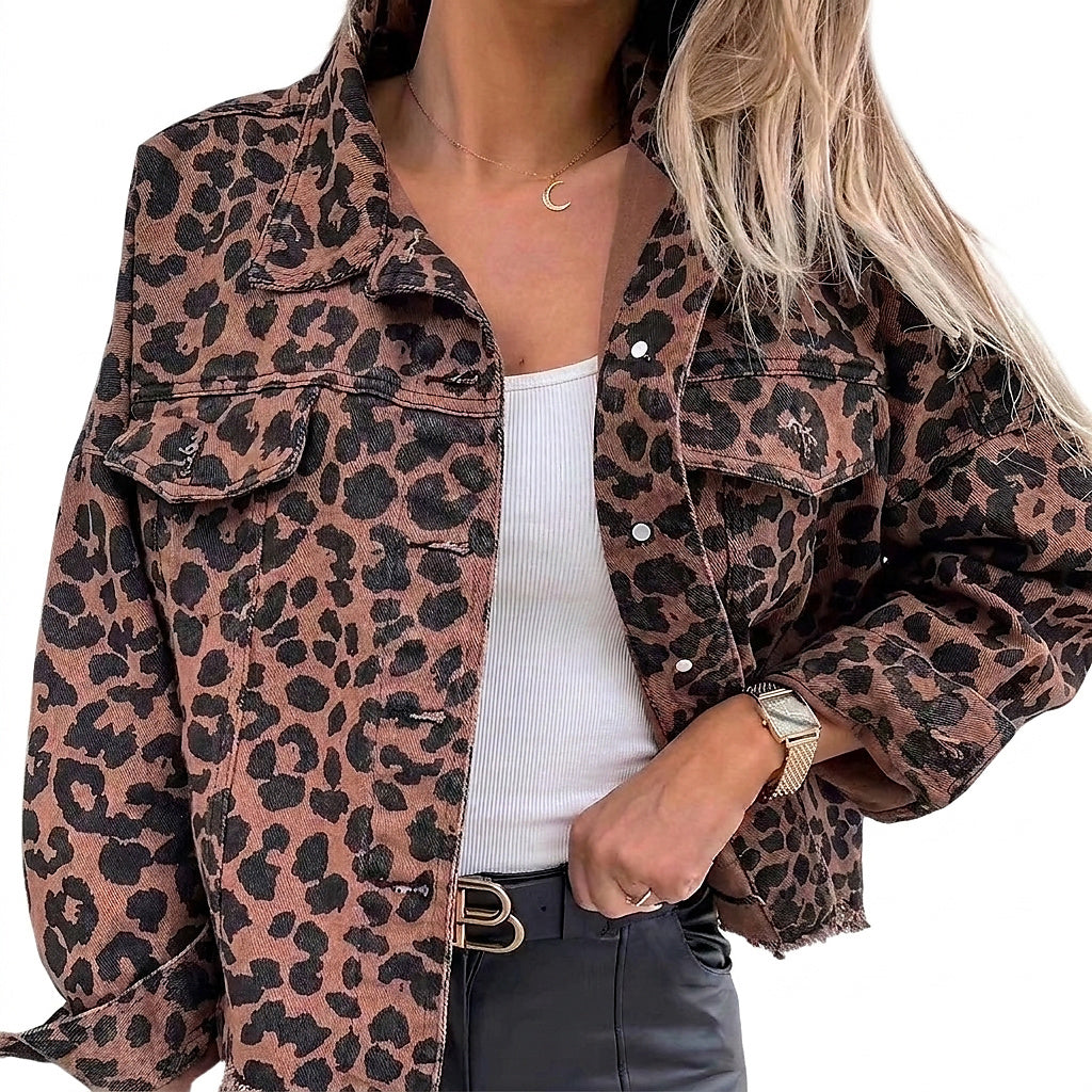 Damen Kurze Jeansjacke mit Leoparden-Print in Leopardenmuster