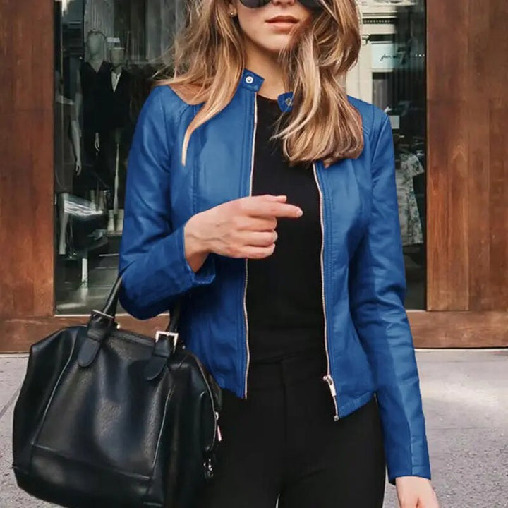 Damen Kurze Strukturierte Taillierte Lederjacke in Blau