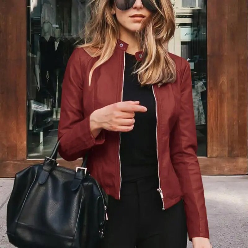 Damen Kurze Strukturierte Taillierte Lederjacke in Bordeaux