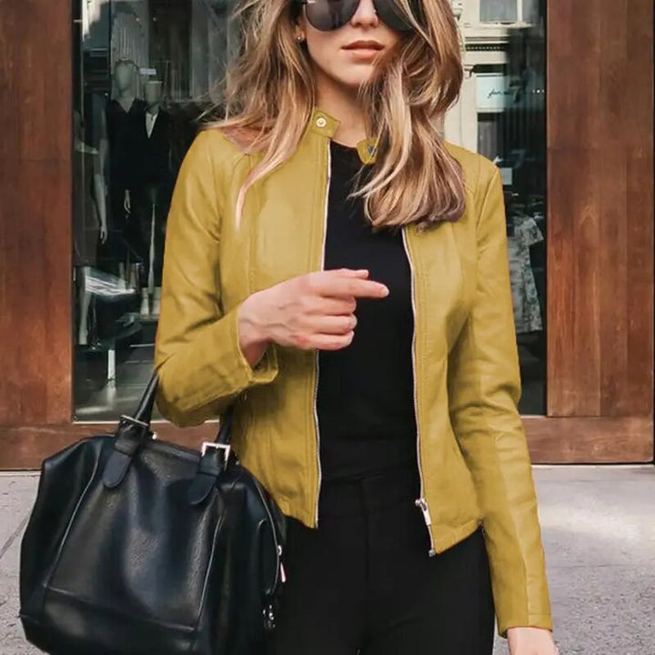 Damen Kurze Strukturierte Taillierte Lederjacke in Gelb