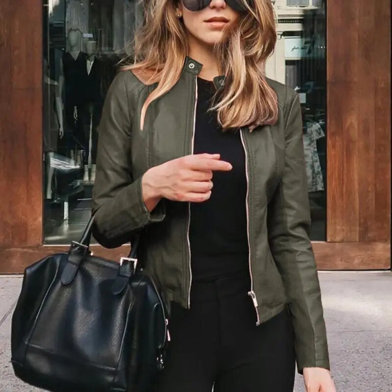 Damen Kurze Strukturierte Taillierte Lederjacke in Green Leather