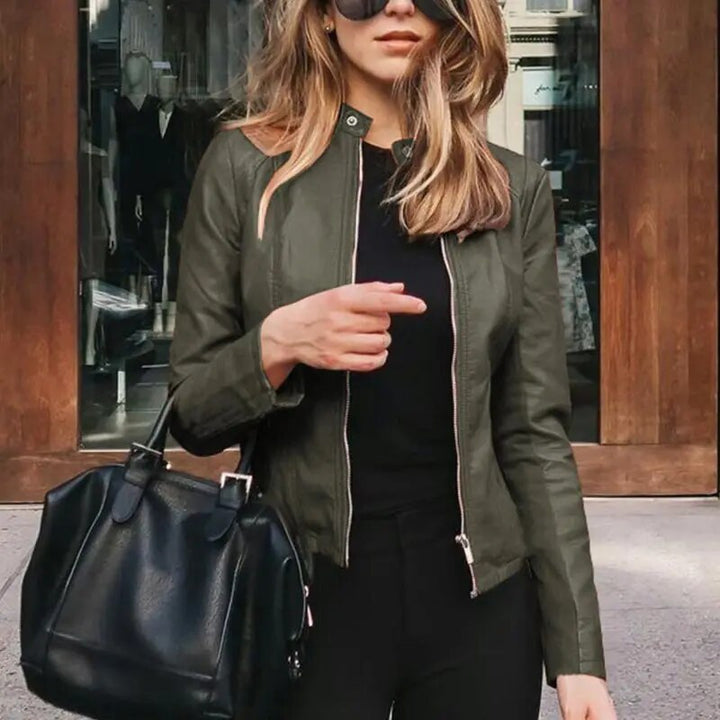Damen Kurze Strukturierte Taillierte Lederjacke in Green Leather