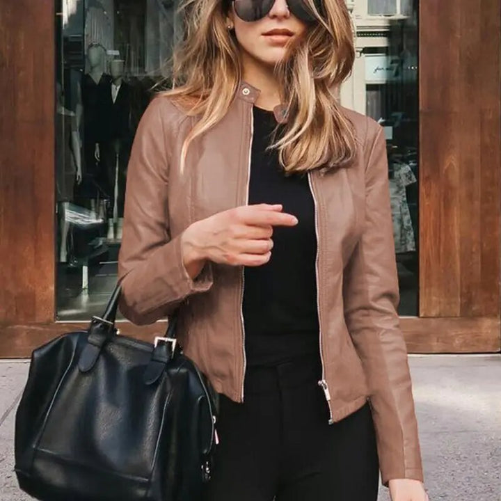 Damen Kurze Strukturierte Taillierte Lederjacke in Khaki