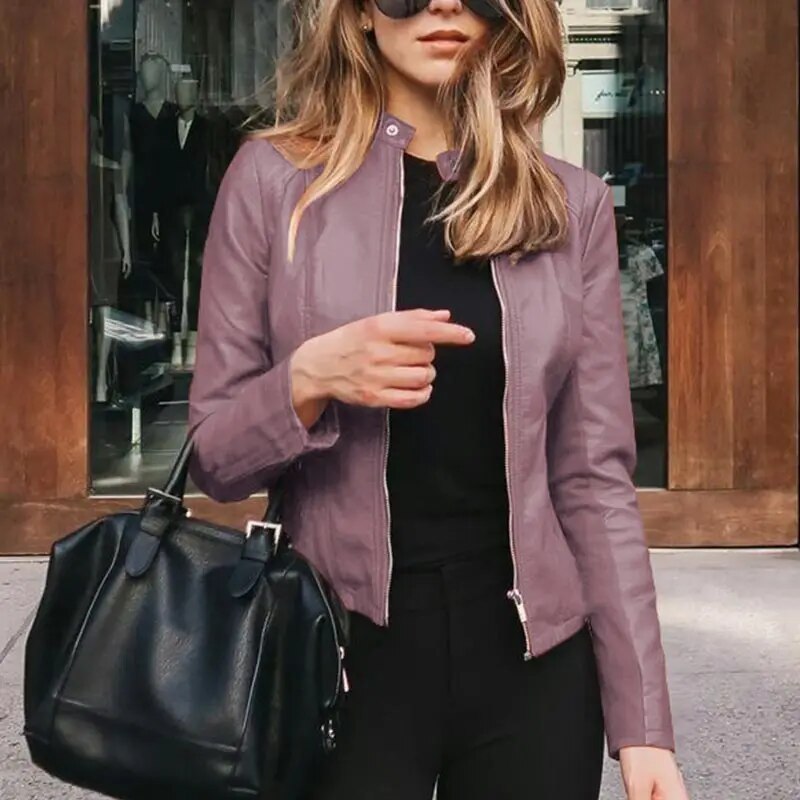 Damen Kurze Strukturierte Taillierte Lederjacke in Lavender