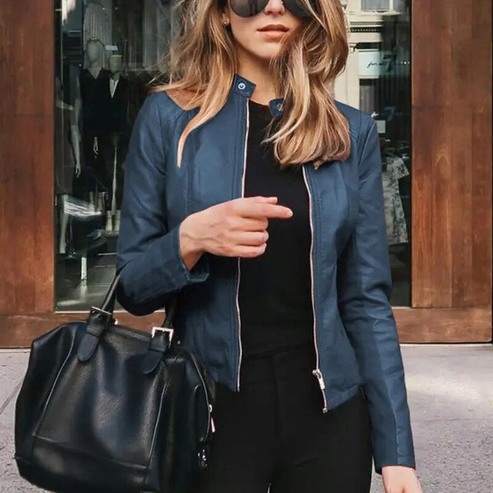 Damen Kurze Strukturierte Taillierte Lederjacke in Marineblau